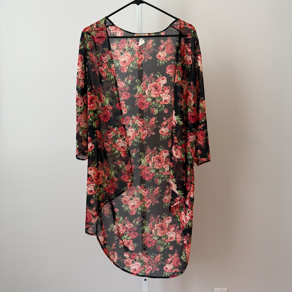 Aggie Boho Flowy Beachy Relaxed Shabby Floral Chiffon Kimono M Black Red